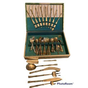 Vintage Gold 66pc Flatware Set W Case Nickel Bronze Bamboo Service for 8 MCM